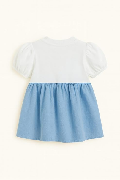 Baby Girl Blue Pinafore Dress with Cream Top β Toddler Short Puff Sleeve Outfit with Bow Detail β Cute Casual Clothing