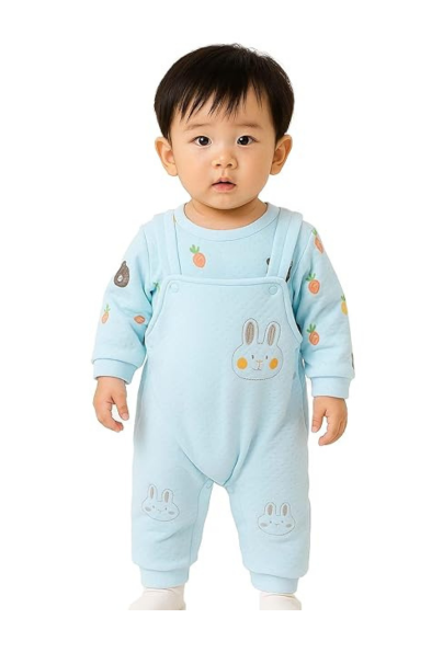 Infant Baby Quilted Jumpsuit Overall Set - Long Sleeve Romper with Snap Closure and Separate Carrot Print Bodysuit - Unisex Warm Winter Playwear