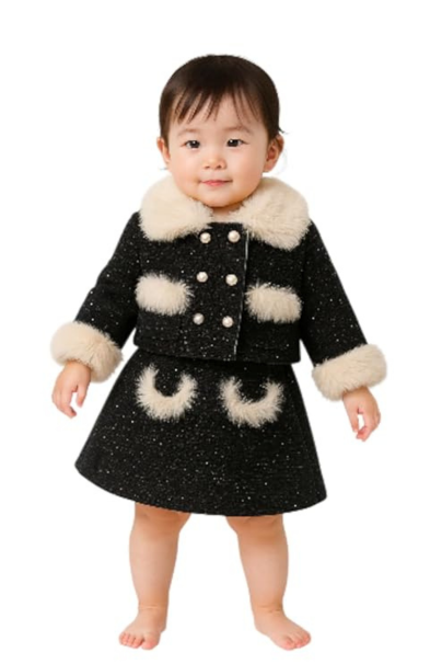 Girls' Tweed Dress and Jacket Set, Black with White Faux Fur Trim, Double-Breasted Coat, Elegant Winter Holiday Outfit