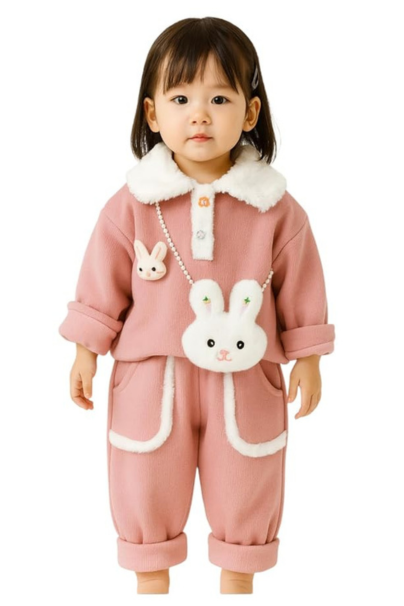 Baby Girl Pink Bunny Outfit, 2-Piece Set with Fur Collar, Plush Rabbit Purse Detail, Toddler Winter Clothing