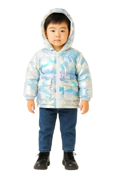 Toddler Hooded Puffer Jacket, Blue and White Camouflage Pattern, Sherpa Lined Winter Coat with Front Pockets