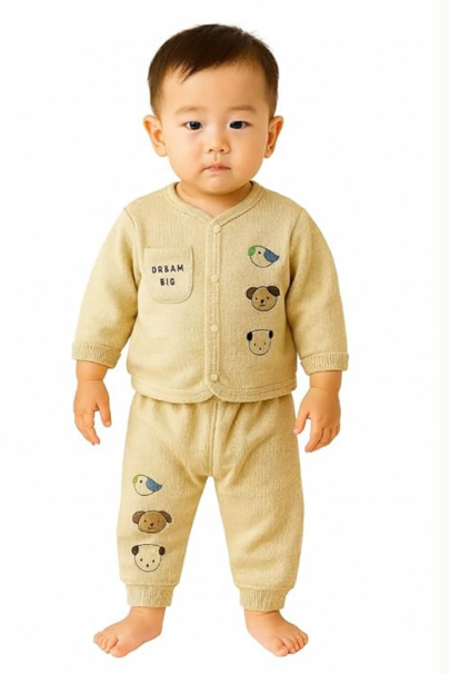 Baby 2-Piece Outfit Set, Cream Cotton Knit, Animal Print Design with Dream Big Text, Long Sleeve Tshirts and Pants