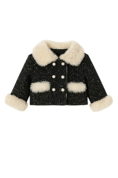 Girls' Tweed Dress and Jacket Set, Black with White Faux Fur Trim, Double-Breasted Coat, Elegant Winter Holiday Outfit