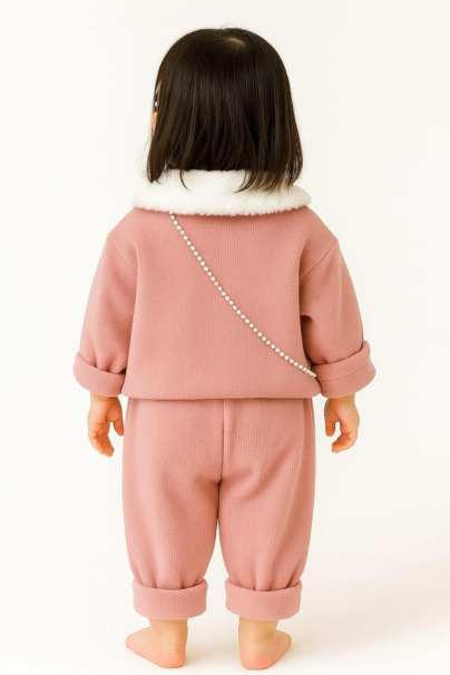 Baby Girl Pink Bunny Outfit, 2-Piece Set with Fur Collar, Plush Rabbit Purse Detail, Toddler Winter Clothing