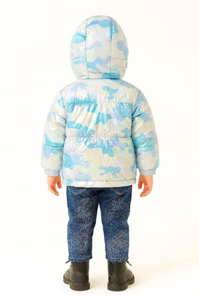 Toddler Hooded Puffer Jacket, Blue and White Camouflage Pattern, Sherpa Lined Winter Coat with Front Pockets