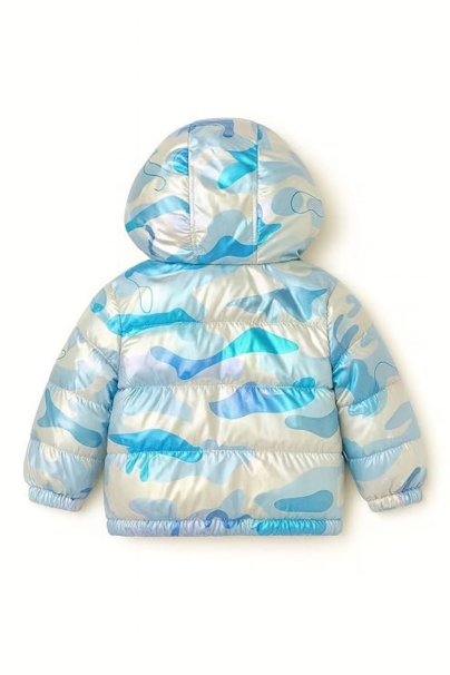 Toddler Hooded Puffer Jacket, Blue and White Camouflage Pattern, Sherpa Lined Winter Coat with Front Pockets