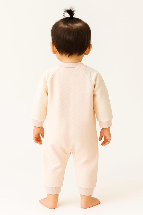 Baby Bear Quilted Romper, Cream and Pink, Button-Front Jumpsuit with Pocket, Cute Animal Paw Print Design, Long Sleeve Infant Bodysuit