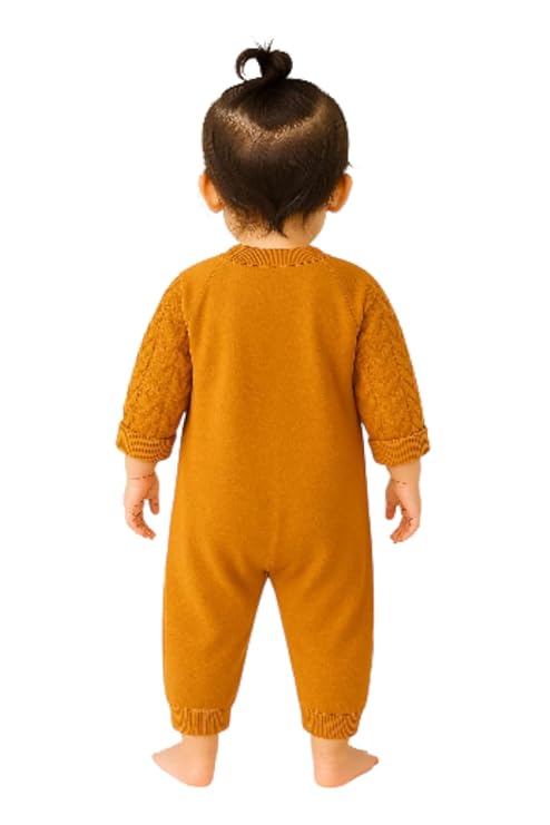 Baby Cable Knit Romper, Mustard Yellow Cotton Jumpsuit with Buttons, Long Sleeve Winter Bodysuit for Infants and Toddlers