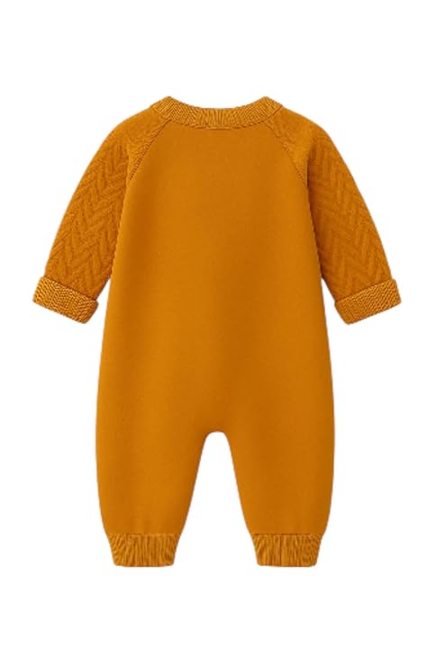 Baby Cable Knit Romper, Mustard Yellow Cotton Jumpsuit with Buttons, Long Sleeve Winter Bodysuit for Infants and Toddlers
