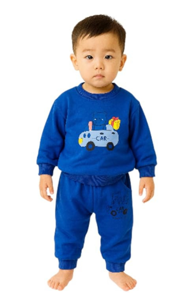 Boys Blue Sweatshirt and Pants Set, Bear and Car Graphic, Ribbed Cuffs, 2-Piece Outfit