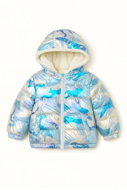 Toddler Hooded Puffer Jacket, Blue and White Camouflage Pattern, Sherpa Lined Winter Coat with Front Pockets
