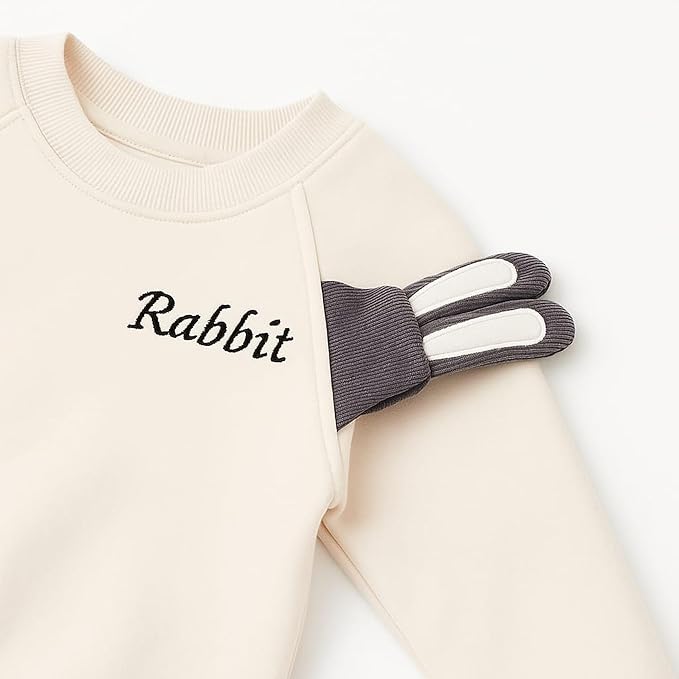Boys Rabbit Print Sweatshirt and Pant Set | Cotton Hosiery & Ribbed Winter Outfit | Grey & Off White