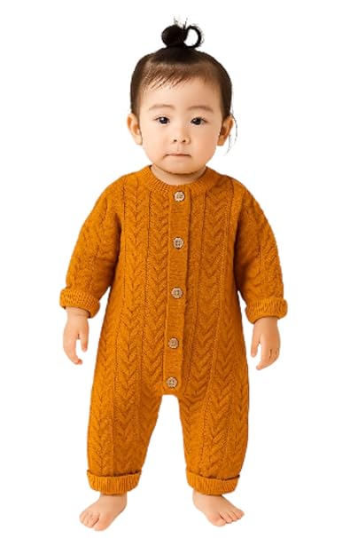 Baby Cable Knit Romper, Mustard Yellow Cotton Jumpsuit with Buttons, Long Sleeve Winter Bodysuit for Infants and Toddlers