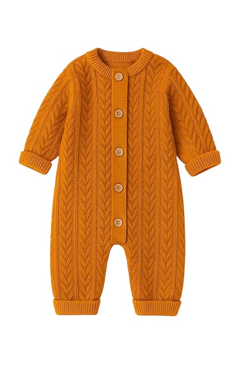 Baby Cable Knit Romper, Mustard Yellow Cotton Jumpsuit with Buttons, Long Sleeve Winter Bodysuit for Infants and Toddlers
