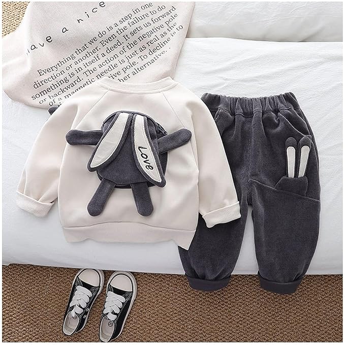 Boys Rabbit Print Sweatshirt and Pant Set | Cotton Hosiery & Ribbed Winter Outfit | Grey & Off White