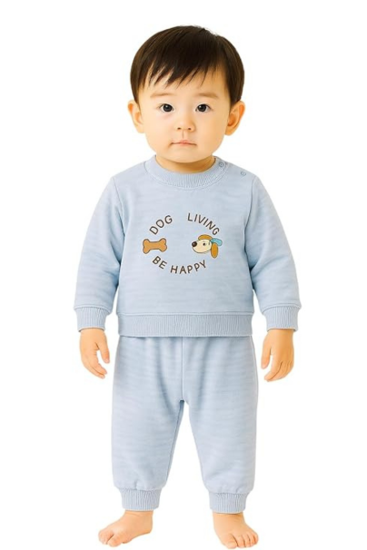 Baby Sweatshirt and Pants Set, Light Blue, Dog Living Be Happy Embroidery, Ribbed Cuffs, 2-Piece Outfit