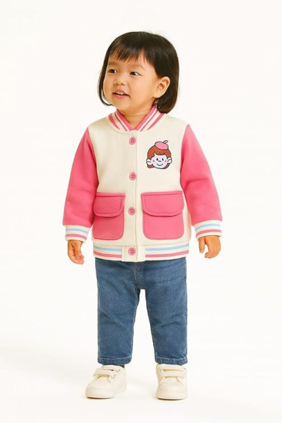 Kids Cotton Fleece Pink & White Jacket for Girls – Cartoon Embroidered Bomber Jacket with Pockets | Stylish Winter Wear