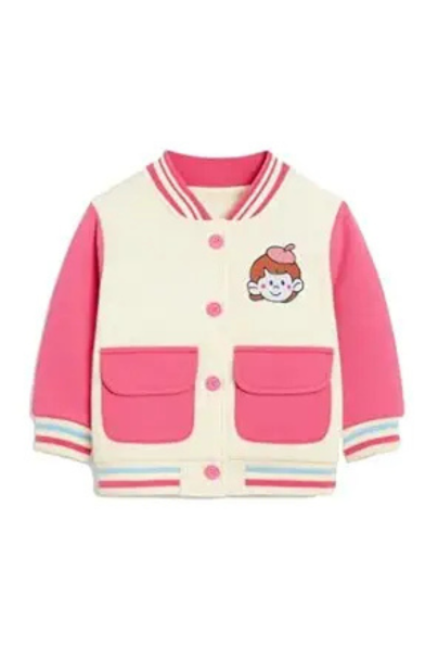 Kids Cotton Fleece Pink & White Jacket for Girls – Cartoon Embroidered Bomber Jacket with Pockets | Stylish Winter Wear