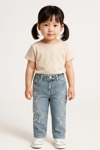 Kids Denim Jeans with Star Patch Design Comfortable Stretchable Denim Pants for Girls Casual Wear