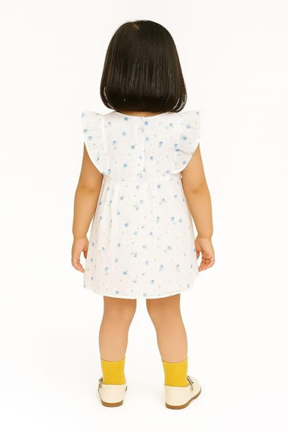 Girls’ Floral Print Chiffon Dress | White with Light Blue Dots | Lightweight Outfit for Toddler Girls