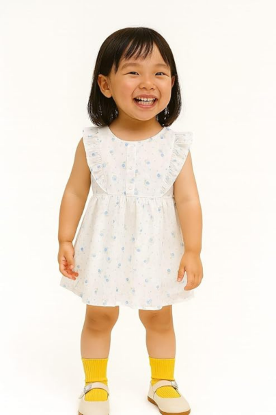 Girls’ Floral Print Chiffon Dress | White with Light Blue Dots | Lightweight Outfit for Toddler Girls
