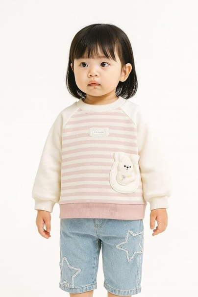 Girls Striped Sweatshirt with Bear Pocket – Toddler Warm Pullover Long Sleeve Top – Casual Winter Outfit