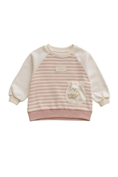 Girls Striped Sweatshirt with Bear Pocket – Toddler Warm Pullover Long Sleeve Top – Casual Winter Outfit