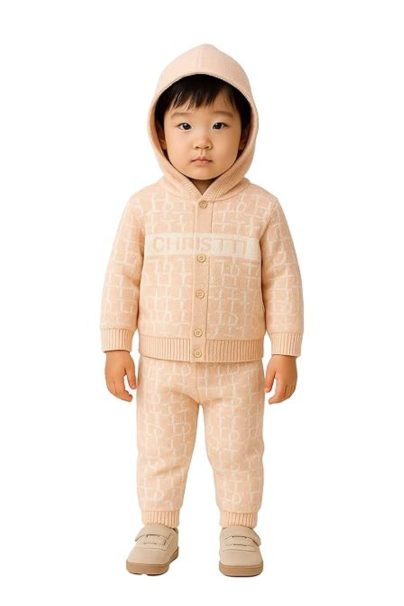 Luxury Infant Toddler Monogram Knit Set - Hooded Cardigan Jumper and Jogger Pants - Soft Pink Logo Print Winter Loungewear Outfit for Baby Boys