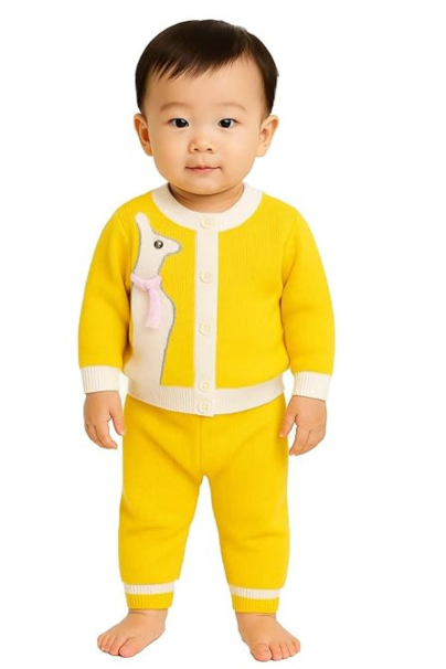 Toddler Baby Yellow Knit Sweater Set - Long Sleeve Cardigan with Reindeer Applique and Matching Ribbed Pants - Soft Cotton Warm Winter Outfit