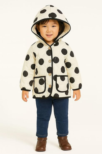 Kids Polka Dot Hooded Winter Jacket – Warm Quilted Coat with Front Pockets for Girls and Boys