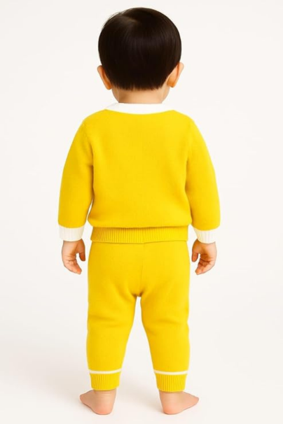 Toddler Baby Yellow Knit Sweater Set - Long Sleeve Cardigan with Reindeer Applique and Matching Ribbed Pants - Soft Cotton Warm Winter Outfit