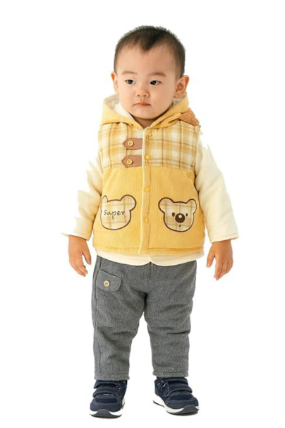 Yellow Corduroy & Cotton Knit Boy Outfit Set | Warm 3-Piece Winter Dress with Hooded Bear Jacket, Inner Top & Pants | Soft Comfortable Clothing for Toddlers | Stylish Winter Wear