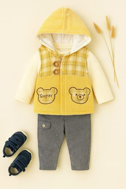 Yellow Corduroy & Cotton Knit Boy Outfit Set | Warm 3-Piece Winter Dress with Hooded Bear Jacket, Inner Top & Pants | Soft Comfortable Clothing for Toddlers | Stylish Winter Wear