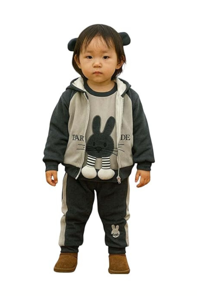 Toddler Bunny Tracksuit 3-Piece Set - Infant Boys Girls Half-Zip Hooded Jacket, Graphic T-Shirt, and Jogger Pants