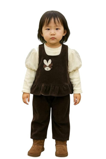 Cute Brown Corduroy & Knit Baby Girl Winter Outfit Set | 2-Piece Long Sleeve Top and Pants | Soft Warm Bunny Design Dress Set for Toddlers | Stylish Comfortable Winter Wear for Kids