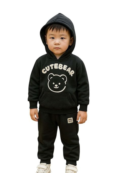 Infant Toddler Black Hoodie Sweatshirt and Jogger Set - Warm Fleece Lined Pullover Hoody with Cute Bear Graphic