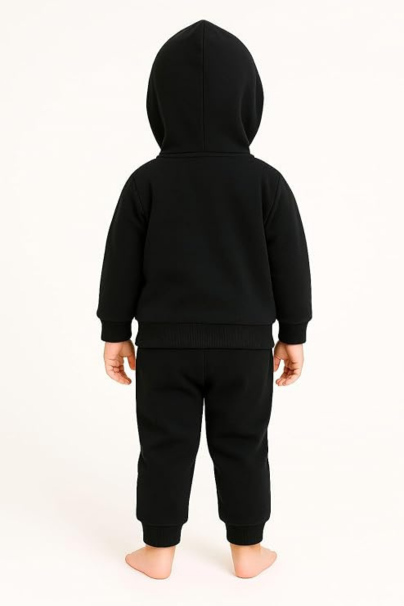 Infant Toddler Black Hoodie Sweatshirt and Jogger Set - Warm Fleece Lined Pullover Hoody with Cute Bear Graphic