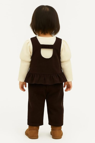 Cute Brown Corduroy & Knit Baby Girl Winter Outfit Set | 2-Piece Long Sleeve Top and Pants | Soft Warm Bunny Design Dress Set for Toddlers | Stylish Comfortable Winter Wear for Kids