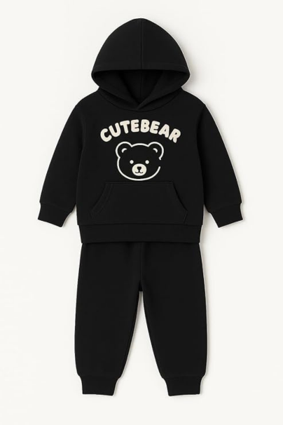 Infant Toddler Black Hoodie Sweatshirt and Jogger Set - Warm Fleece Lined Pullover Hoody with Cute Bear Graphic