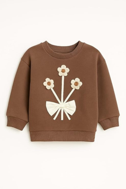 Toddler Girl Flower Fleece Sweater - Brown Long Sleeve Crewneck Jumper with 3D Floral Appliqu and Decorative Bow - Warm Fall Winter Top
