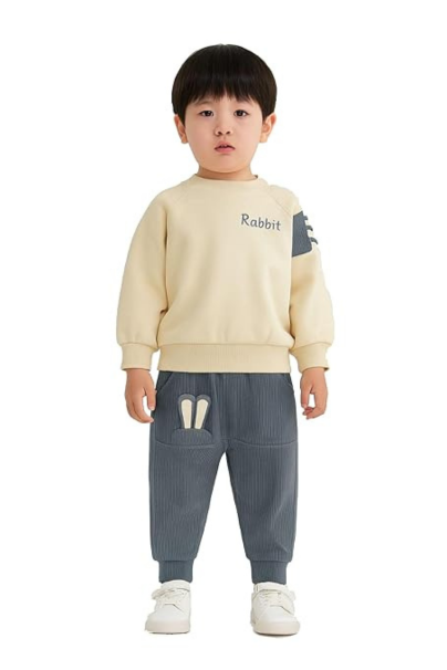 Boys Rabbit Print Sweatshirt and Pant Set | Cotton Hosiery & Ribbed Winter Outfit | Grey & Off White