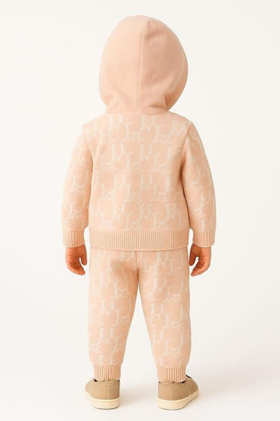 Luxury Infant Toddler Monogram Knit Set - Hooded Cardigan Jumper and Jogger Pants - Soft Pink Logo Print Winter Loungewear Outfit for Baby Boys