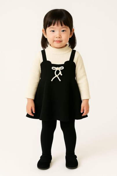 Baby Girl Winter Dress with Cream Turtleneck & Black Pinafore – Toddler Long Sleeve Outfit with Bow Tie Front – Stylish Party & Casual Wear