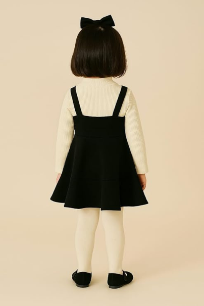Baby Girl Winter Dress with Cream Turtleneck & Black Pinafore – Toddler Long Sleeve Outfit with Bow Tie Front – Stylish Party & Casual Wear