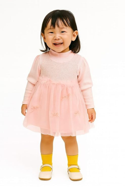 Baby Girl Pink Party Dress with Tulle Overlay & Bows – Toddler Long Sleeve Winter Outfit – Elegant Birthday, Wedding & Special Occasion Dress