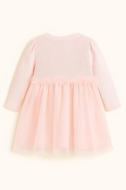 Baby Girl Pink Party Dress with Tulle Overlay & Bows – Toddler Long Sleeve Winter Outfit – Elegant Birthday, Wedding & Special Occasion Dress