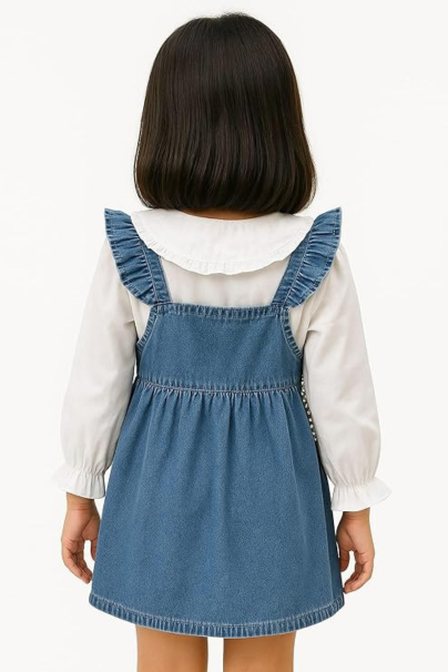 Baby Girls Denim Overall Dress with White Shirt and Cute Teddy Bear Pendant Kids Fashion Outfit Casual Wear Baby Girl Clothing