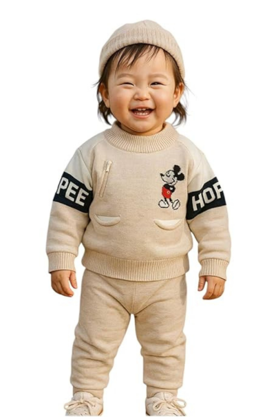 Mickey Mouse Baby Woolen Set — Light Beige Knit Sweater + Pants, Cozy Winter Wear, Elastic Waist, Soft for Newborns & Toddlers