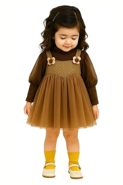 Toddler Girl's Brown Tulle Pinafore Dress with Long Sleeve Top, Floral Straps, Autumn Fall Outfit Set