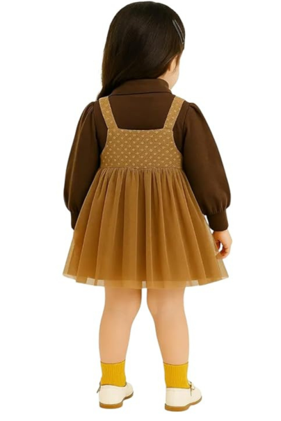 Toddler Girl's Brown Tulle Pinafore Dress with Long Sleeve Top, Floral Straps, Autumn Fall Outfit Set